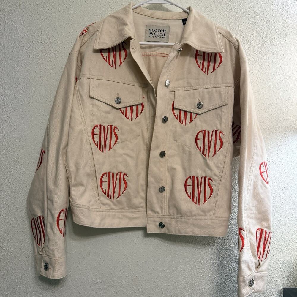 RARE Scotch & Soda Womens M Cream/Red Embroidered Elvis Presley Trucker Jacket
